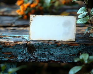 Wall Mural - a blank aged card rests on a weathered rustic wooden surface surrounded by natural foliage