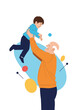 © Md - Elderly man joyfully lifts his young grandson into the air surrounded by colorful abstract shapes representing happiness and family bonds