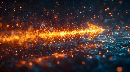 Wall Mural - a glowing golden arrow streaks through a dark particle filled abstract space symbolizing dynamic pro