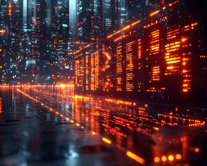 Wall Mural - a futuristic cityscape at night illuminated by vibrant orange and blue lights reflecting on wet surf