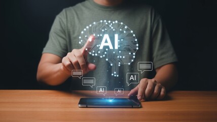 Artificial Intelligence Brain Concept with Digital Touch
