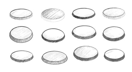 A sketch of twelve circular objects with varying shading and perspective