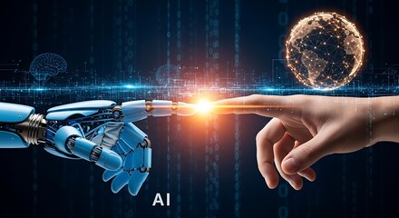 Robot hand touching human finger with glowing connection and digital background