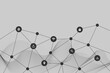 © pics3 - Futuristic technology background showing interconnected nodes with flat icons, symbolizing data, security, internet and digital communication