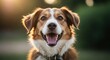 © suparma - A joyful brown and white dog smiles happily at the camera, backlit by golden hour sunlight, highlighting its fluffy fur. A friendly and expressive pet portrait outdoors.