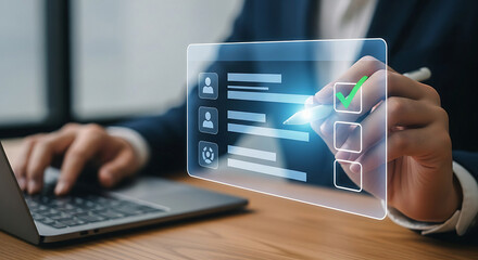 Business professional using futuristic holographic display with data and typing on laptop keyboard for digital analysis and technology innovation