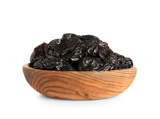 Wall Mural - bowl with tasty dried plums on white background