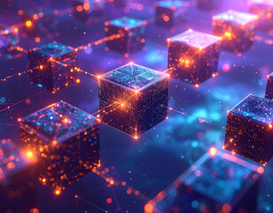 An eye-catching illustration of interconnected glowing data blocks, a digital technology visualization. The blocks are emitting an intricate network of light, suggesting complex data flow.