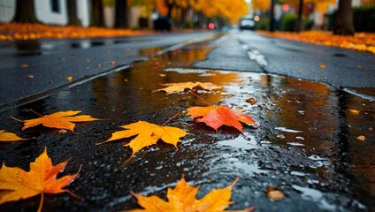 Wall Mural - Vibrant yellow and orange autumn leaves on the wet asphalt street pathway under the rain. Fall photo illustration wallpaper. Rainy weather season photography.