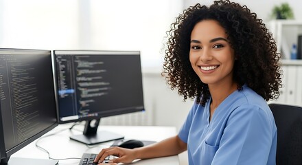 Young woman programmer smiling at computer working on code in modern office space