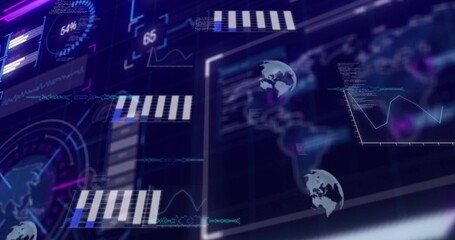 Wall Mural - showing data display on dark backdrop, featuring gauge, charts and graphs, globes, readouts, code