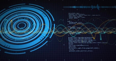 Wall Mural - Displaying blue scanning graphic with multicolored waveforms and code text on interface, copy space