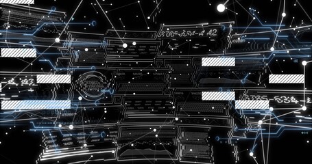 Wall Mural - Showing abstract network in virtual space, with glowing lines, nodes, code panels and data points