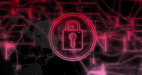 Wall Mural - displaying pink padlock icon glowing in virtual security interface with map and network connections