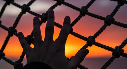 Hand Reaching for the Sunset Through Rope Netting