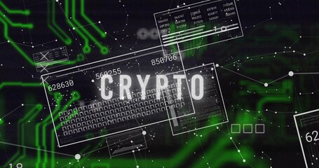 Wall Mural - displaying crypto text in virtual network interface, with floating data panels and green circuits