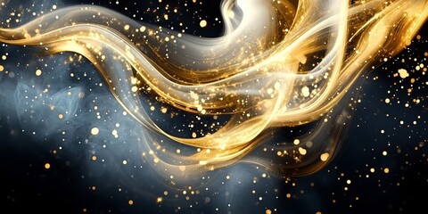 Wall Mural - dynamic golden fluid motion abstract curves, sparks, and glow effects on dark luxurious background