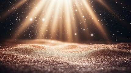 Wall Mural - golden sunlight beams emerge, caressing gentle glittering dunes in a dreamy desert landscape.
