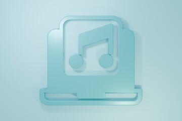 Wall Mural - Blue Laptop with music note symbol on screen icon isolated on blue background. Minimalism concept. 3D render illustration