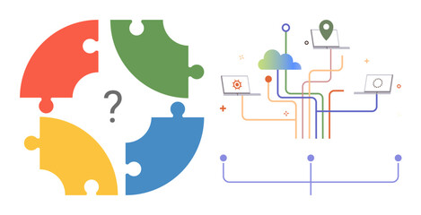 Wall Mural - Four puzzle pieces forming a circle with a question mark, linked devices via cloud, lines, and nodes. Ideal for problem-solving, technology, networking, teamwork, brainstorming digital connectivity