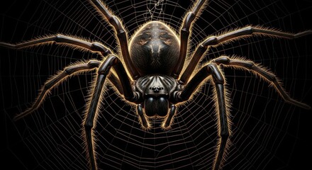 Detailed depiction of a spider in its meticulously crafted web against black backdrop
