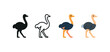 © Sasha - Vector icon ostrich bird same pose same proportions four styles black solid glyph outline minimal flat multicolor filled cartoon flat shaded.