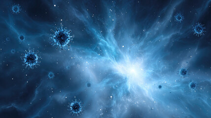 Blue nebula glowing light floating virus particles, cosmic space background, science fiction, mysterious dramatic atmosphere, deep blue color palette