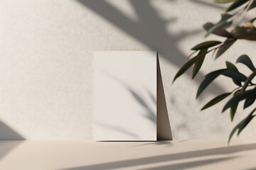 vertical business card mockup leaning against wall with shadow