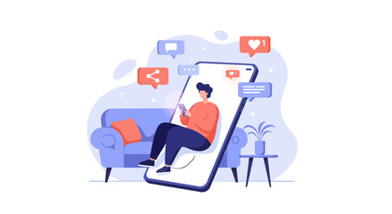 Person Relaxing on Sofa, Engaging with Digital Communication and Sharing Icons