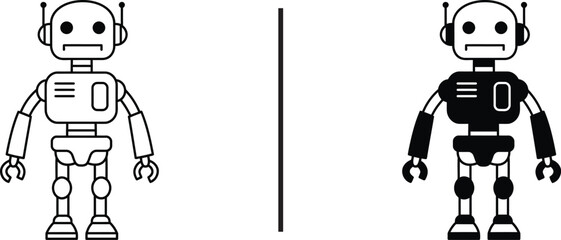 Binary Robot Duality: Two stylized robots stand side by side, embodying opposing concepts of light and darkness, mirroring the contrasting natures of technology.