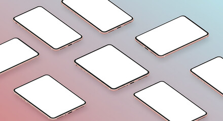 Isometric view of multiple smartphones with blank white screens arranged in a grid pattern for application mockup