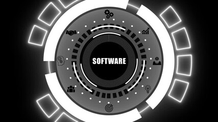 Futuristic HUD interface with the word SOFTWARE in the center surrounded by icons software technology