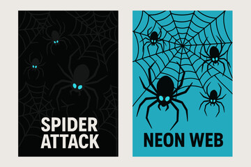 two vertical a6 banners flat vector design black and cyan backgrounds creepy spiders crawling spider