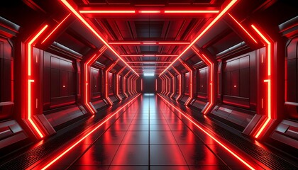 A futuristic corridor bathed in red neon light. Panels line the walls and floor. The perspective leads the eye to a bright, distant end. The metallic surfaces reflect the ambient glow