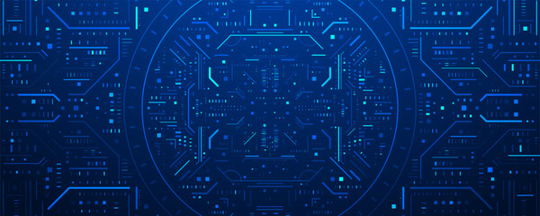 Futuristic digital interface with glowing blue circular HUD design, tech circuit background, and abstract data visualization for sci-fi, cybersecurity, or high-tech concepts.
