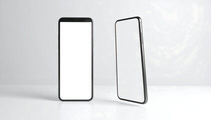Two modern mobile devices with blank white screens are displayed against a plain, light-colored background. The phones appear identical, with one straight on and the other angled