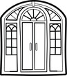 © rakib's world - Elegant double door with arched transom window, fanlight side panels, classic architectural design, black and white illustration, symmetrical building entrance