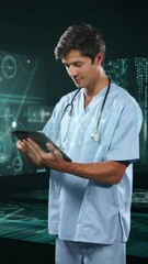 Wall Mural - animation of data processing over smiling caucasian businessman using tablet
