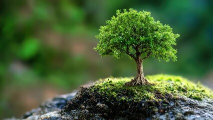 Wall Mural - small tree growing on moss-covered rock in green, blurred background