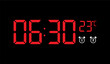 © Fitrotul - Red digital clock displaying the time 06:30 and a temperature of 23 degrees Celsius, with alarm icons.
