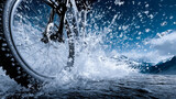 Mountain bike splashes through water, creating dynamic droplets against a backdrop of rugged mountains and a vibrant blue sky, showcasing adventure and thrill in outdoor sports