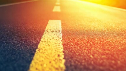 Wall Mural - close-up of road with yellow dividing line illuminated by setting sun