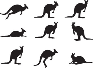  This image showcases a diverse set of nine black kangaroo silhouettes, each captured in unique postures and movements. A comprehensive visual resource for Australian wildlife graphics.