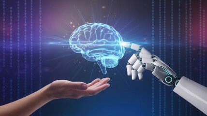 Human and Robot Hand Touching Digital Brain Concept