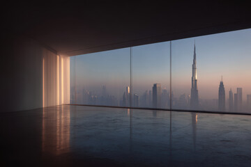 futuristic holographic window that transforms landscapes according to viewer desires