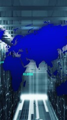 Wall Mural - animation of computer language and map over connected dots on data server racks