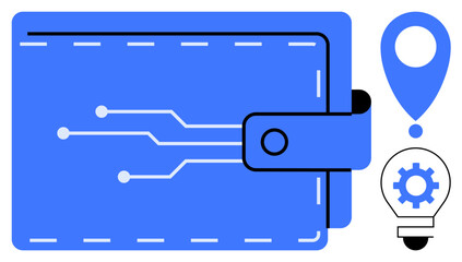 Wall Mural - Blue digital wallet with circuit connections, location pin, and gear lightbulb. Ideal for finance, technology, innovation, digital currency, fintech solutions e-wallets future economy. Simple flat