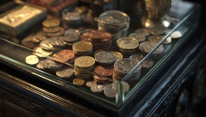 Stacked coins in a glass display case