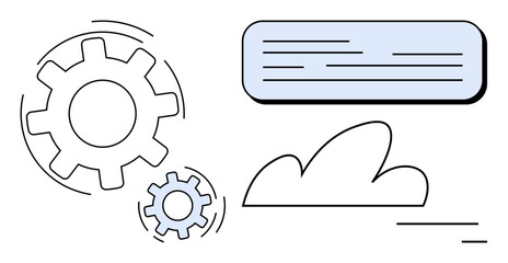 Interconnected gears, cloud shape, and text block symbolizing data processing, technology, or teamwork. Ideal for tech workflow, automation, innovation, business strategy and simple landing page