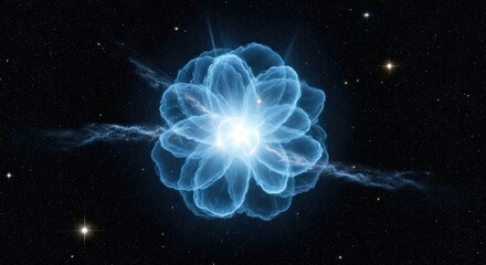 Wall Mural - Blue Glowing Nebula with Light Burst and Stars on Black Background, Cosmos Concept